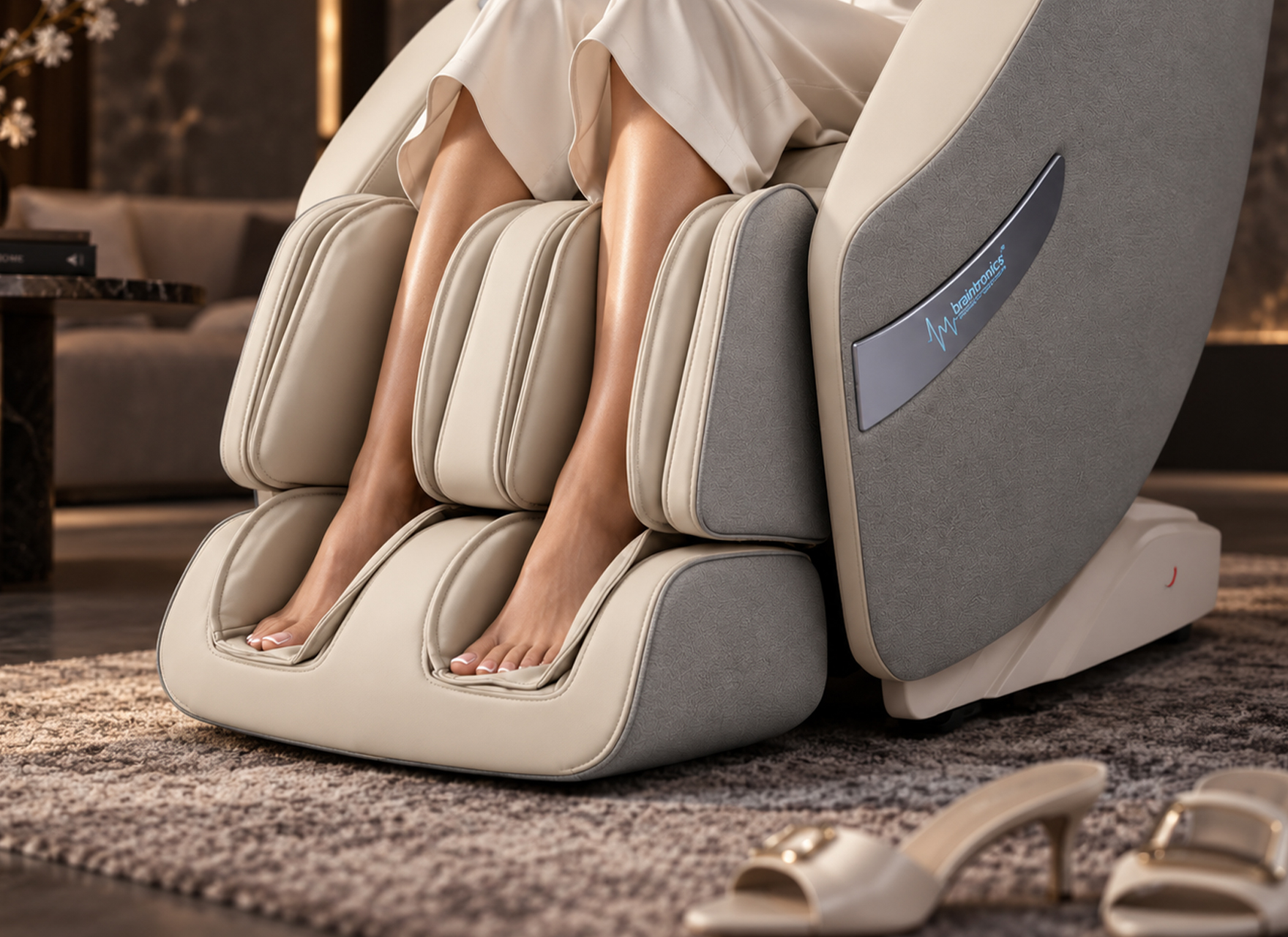 Detail eines Casada Massagesessels mit Fußmassage und Luftdruckmassage