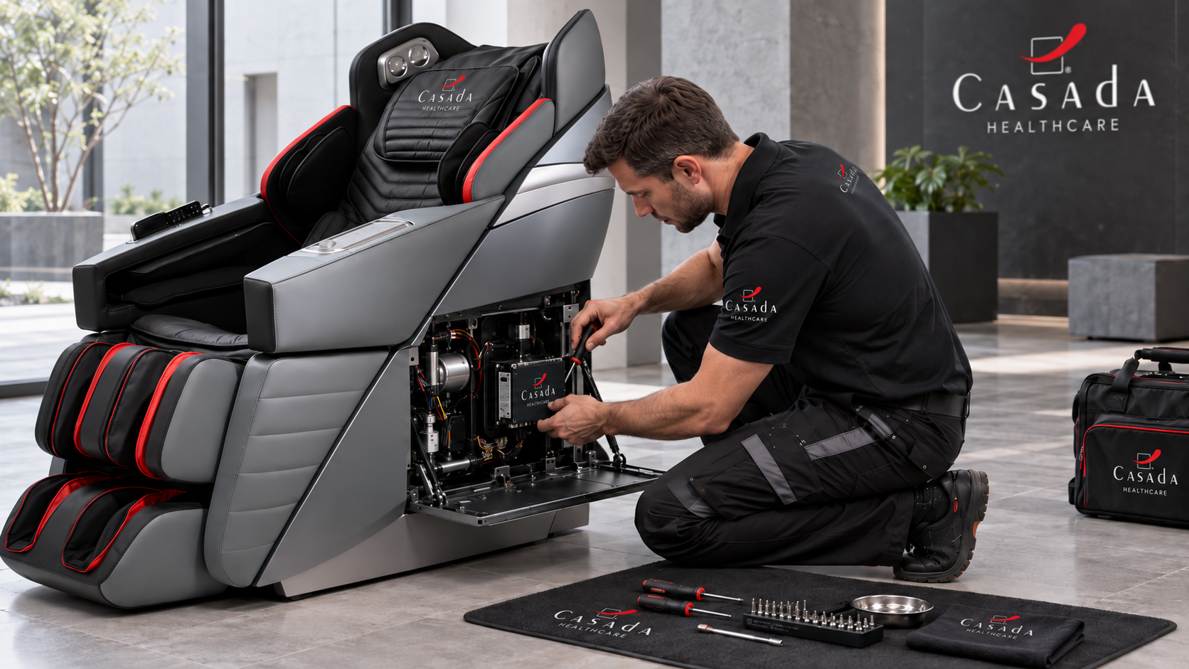 Professionelle Reparatur eines Casada Massagesessels durch einen Servicetechniker