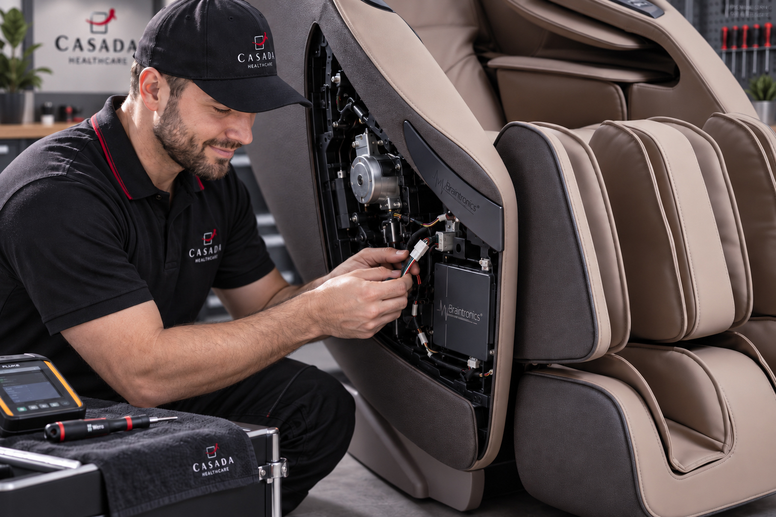 Casada Servicetechniker prüft den technischen Mechanismus eines Massagesessels