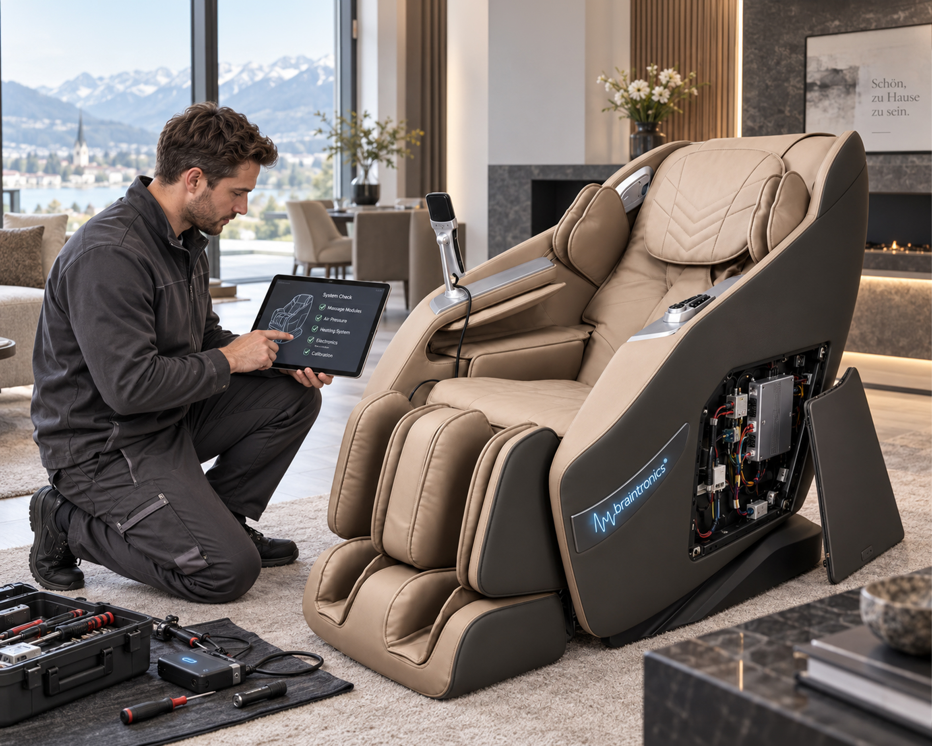 Casada Servicetechniker bei der technischen Diagnose eines Massagesessels