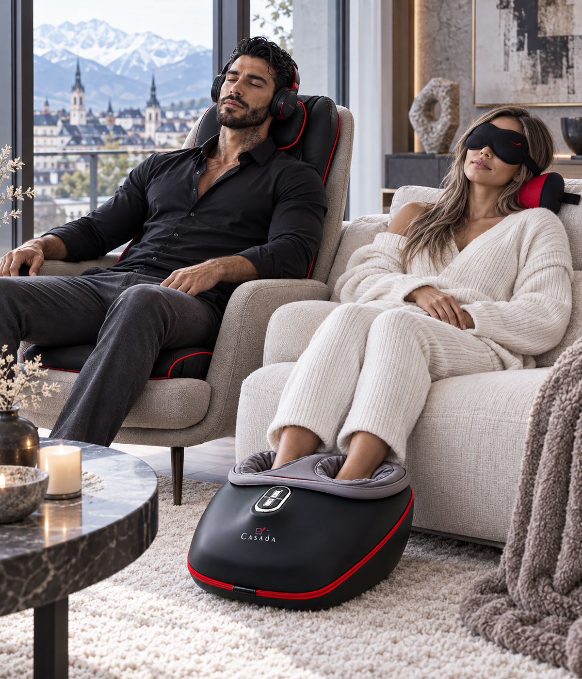 Casada Quattromed V BT Massagegeräte Komplettset mit FootInn II Pillow Kopfhörer und Augenmaske